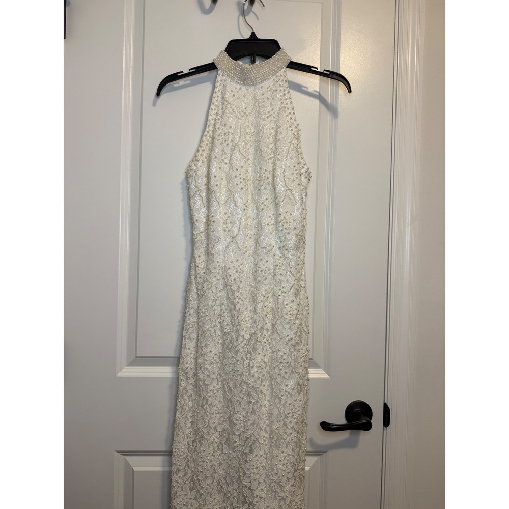 St Tropez Lace Pearl Halter Gown Womens 6 Small Ivory Good Bridal Coquette